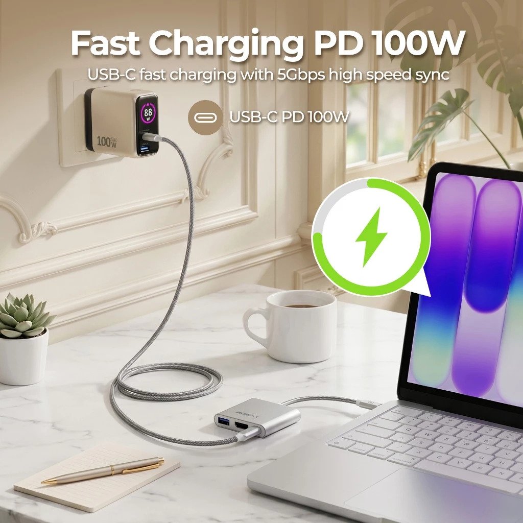 Micropack Data Converter Multiport Adapter - 3-in-1 Port: USB-A, HDMI 4K, USB-C - Fast Data Transmition - 100W PD Fast Charging - MDC-3H - 3