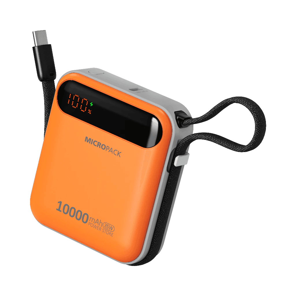 Micropack Powerbank 10.000mAh - Fast Charging 35 watt - 2-in-1 - Detachable USB-C Cable - Power Bank 10000 Super Mini - PB-1035C - Orange