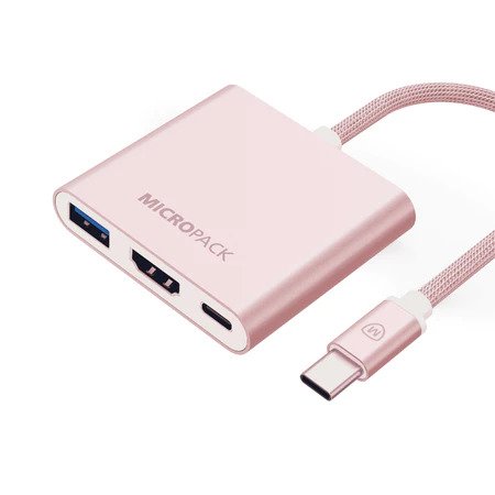 Micropack Data Converter Multiport Adapter - 3-in-1 Port: USB-A, HDMI 4K, USB-C - Fast Data Transmition - 100W PD Fast Charging - MDC-3H - pink