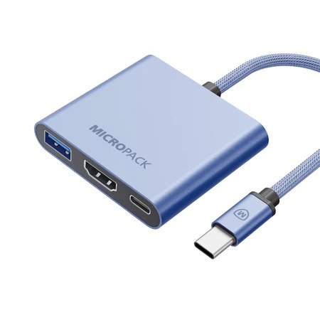 Micropack Data Converter Multiport Adapter - 3-in-1 Port: USB-A, HDMI 4K, USB-C - Fast Data Transmition - 100W PD Fast Charging - MDC-3H - blue