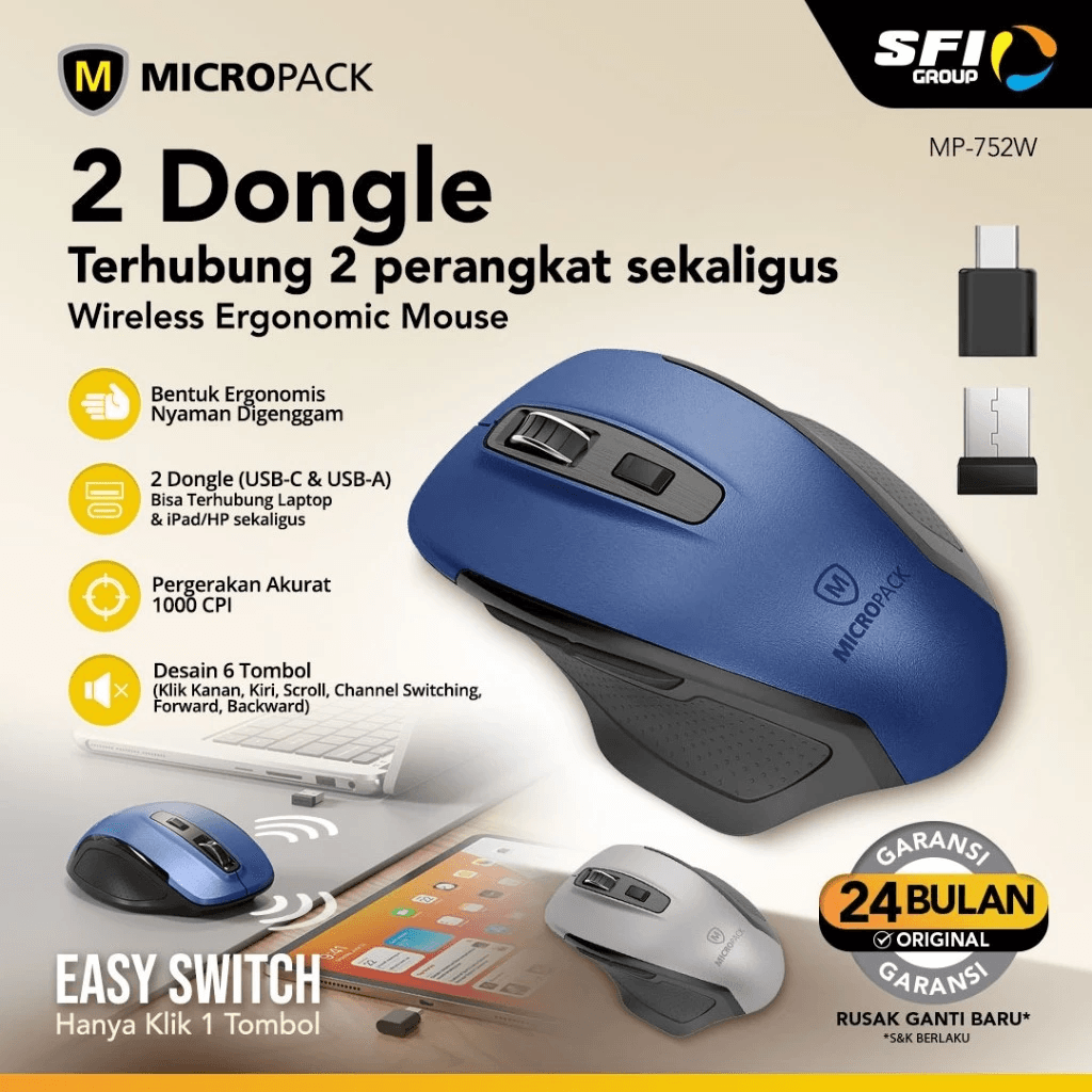 Micropack Mouse Wireless - Dual Receiver USB-C & USB-A - 6 Buttons - Easy Switch - MP-752W - SFI Group