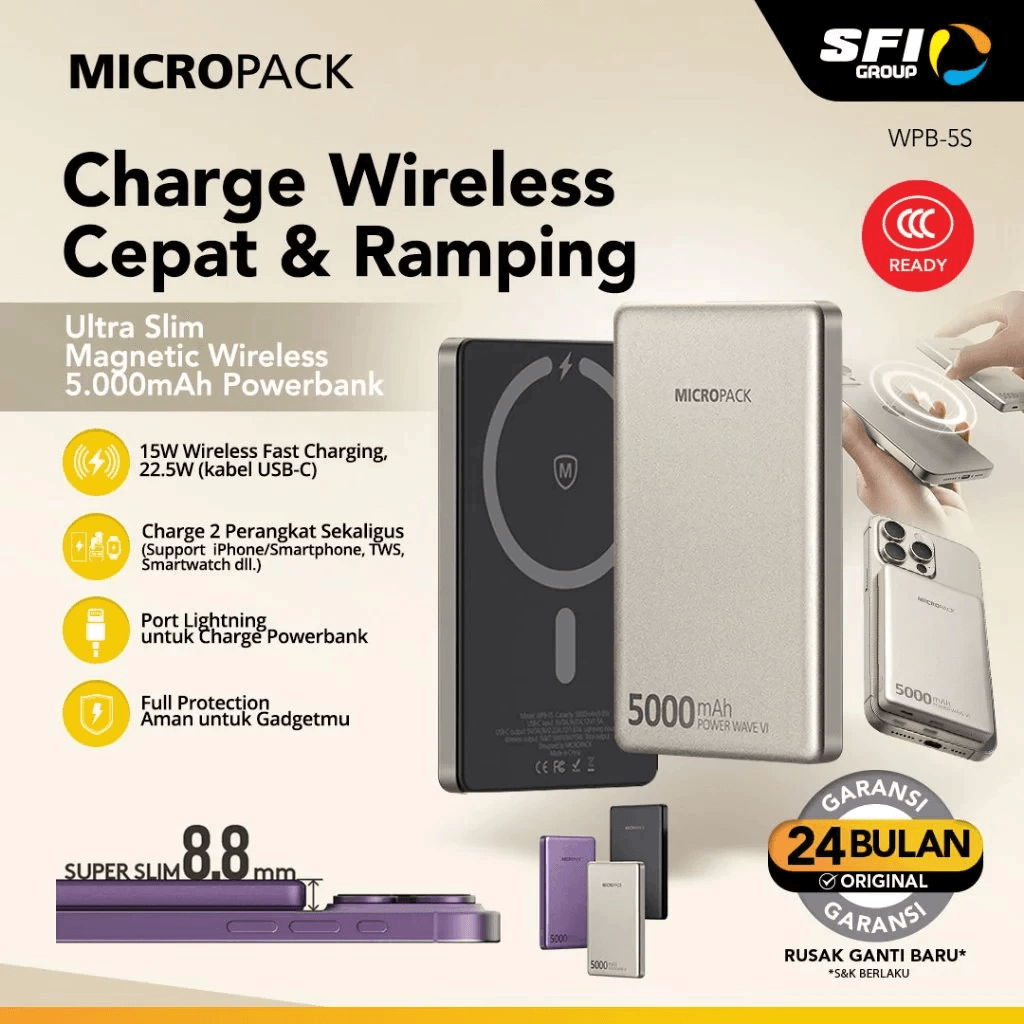 Micropack Wireless Powerbank 5000 mAh - Fast Charging 20 watt - CCC - Ultra Slim 8,8 mm - USB-C & Lightning - Power Bank - WPB-5S - SFI Group