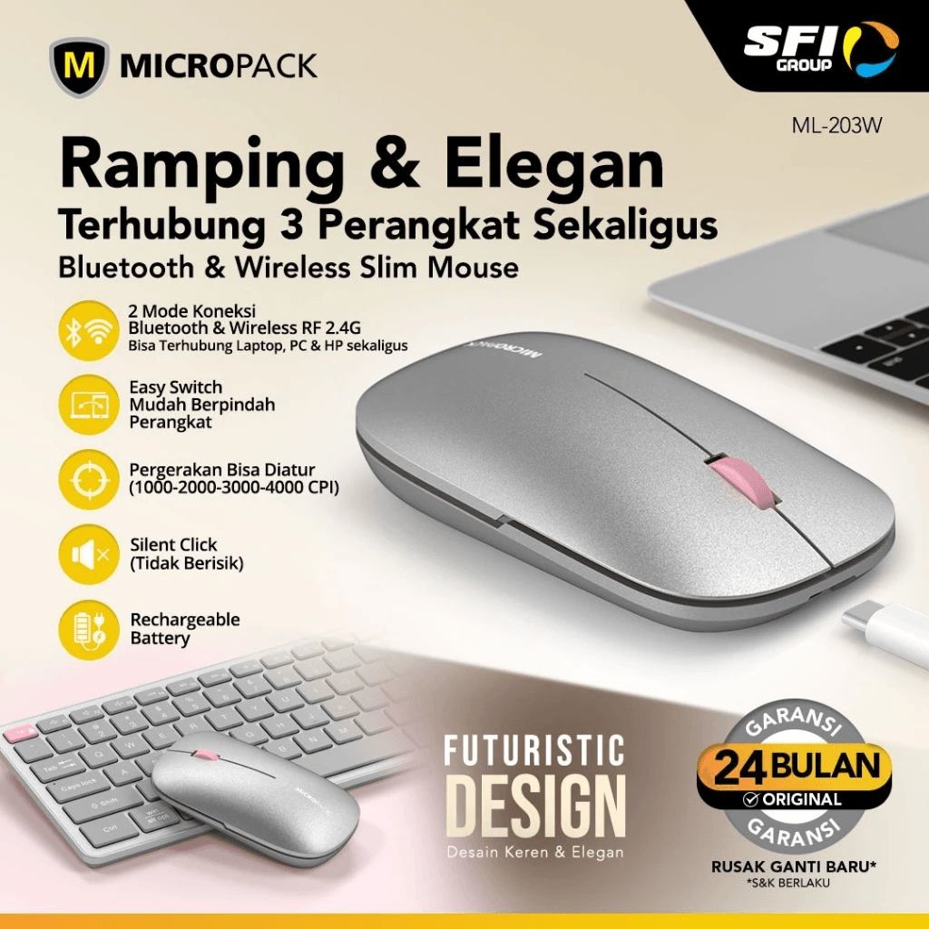 Micropack Mouse Wireless & Bluetooth - Silent Click - Rechargeable - ML-203W-GY - SFI Group