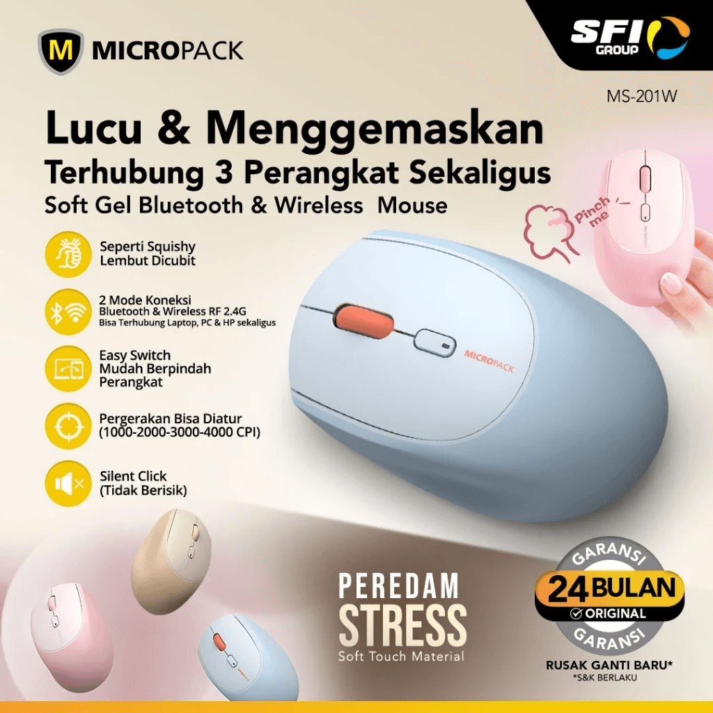 Micropack Mouse Wireless & Bluetooth - Silent Click - Soft Touch - 3 Devices - MS-201W - SFI Group