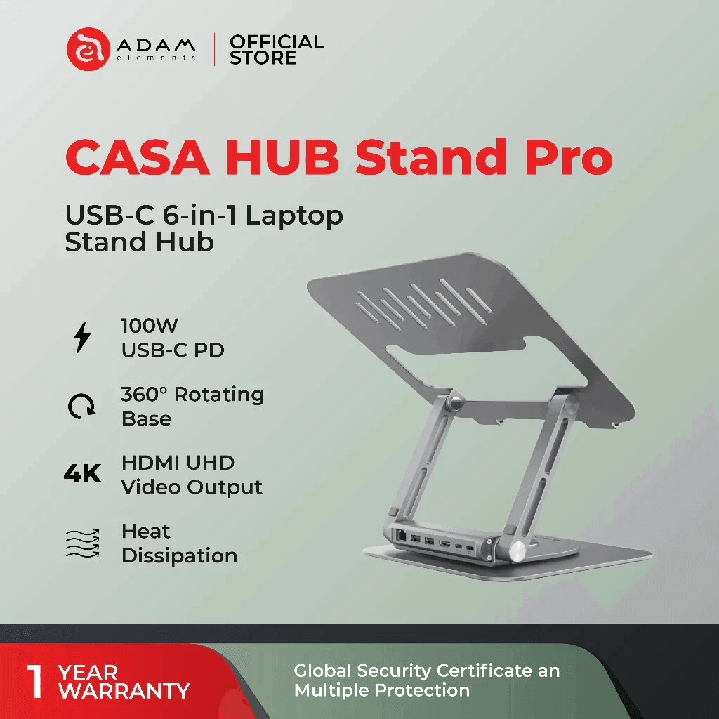 Adam Elements Data Converter USB-C 8-in-1 Foldable Stand Laptop Hub - Casa Hub 360 - Grey - AAPADHUB360GY - SFI Group