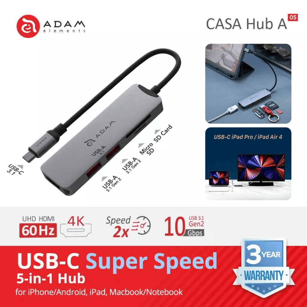 Adam Elements - CASA HUB A05 - Data Converter 5 Port Superspeed USB C - GREY