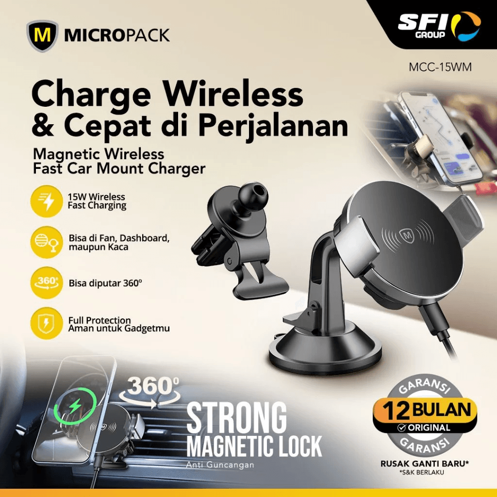 Micropack Car Charger Magnetic Wireless 15 Watt Powermotor Magnetic - MCC-15WM - SFI Group