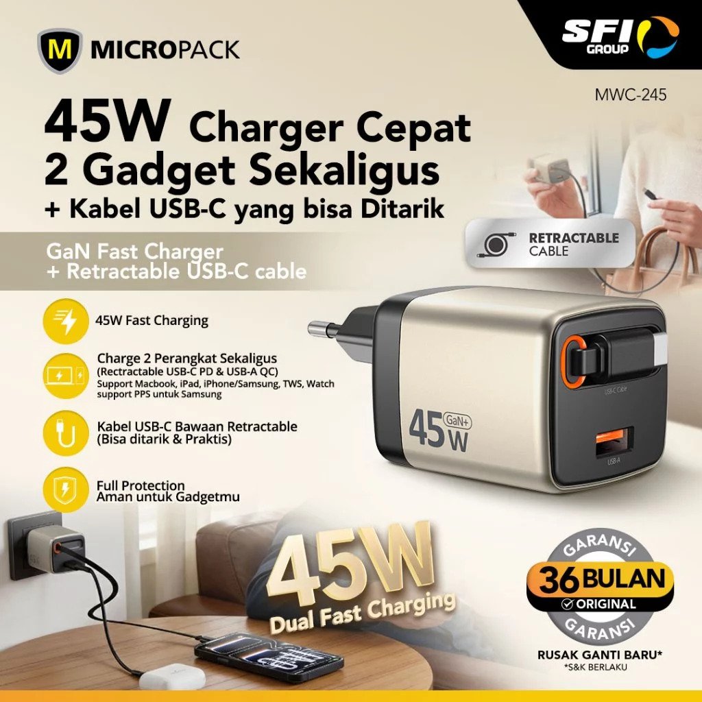 Micropack Wall Charger with Retractable Cable - Fast Charging - 45watt - GaN - Cable USB-C & Port USB-A - MWC-245 - SFI Group