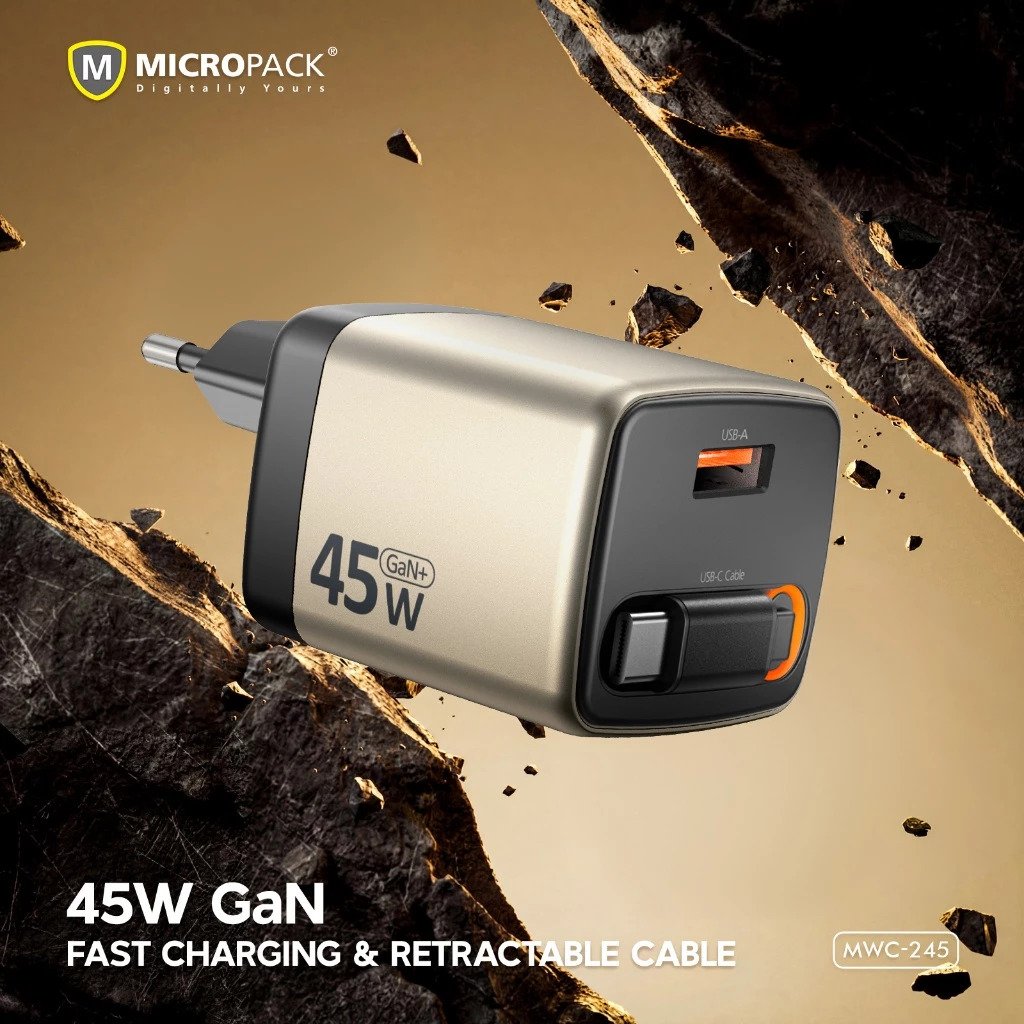 Micropack Wall Charger with Retractable Cable - Fast Charging - 45watt - GaN - Cable USB-C & Port USB-A - MWC-245 - SFI Group - 3