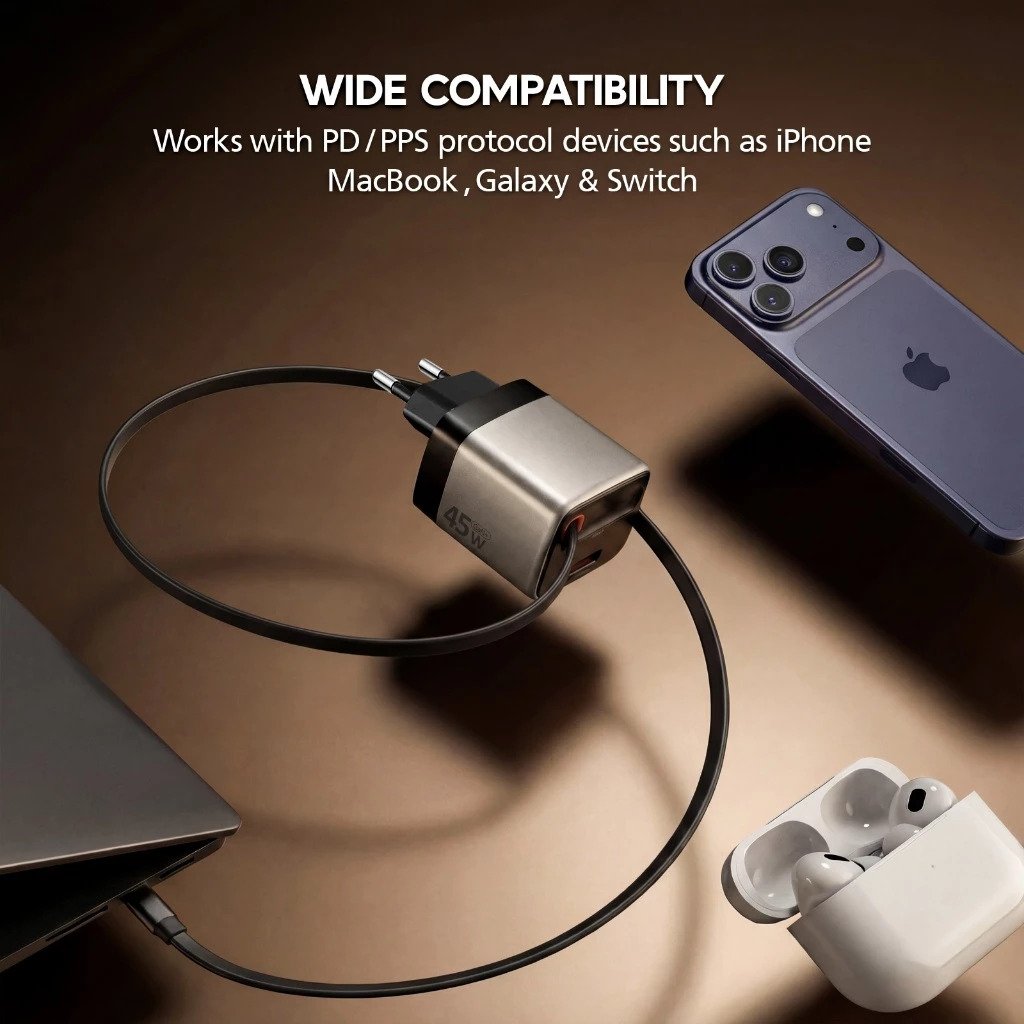 Micropack Wall Charger with Retractable Cable - Fast Charging - 45watt - GaN - Cable USB-C & Port USB-A - MWC-245 - SFI Group - 2
