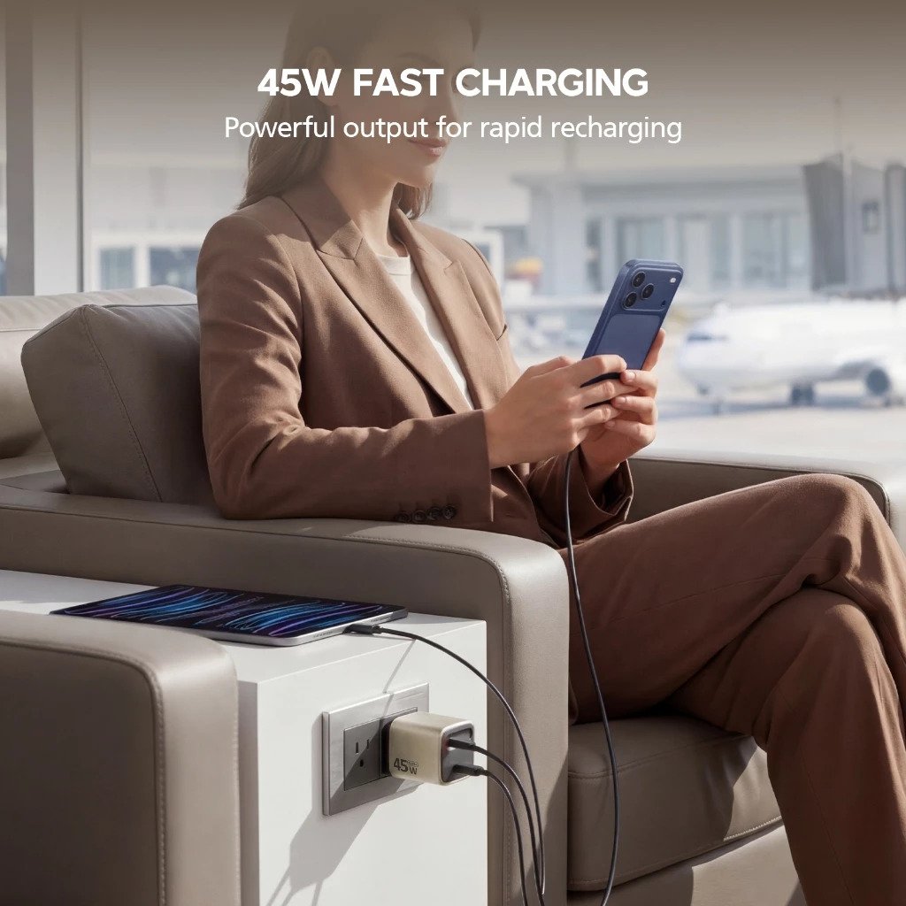 Micropack Wall Charger with Retractable Cable - Fast Charging - 45watt - GaN - Cable USB-C & Port USB-A - MWC-245 - SFI Group - 4