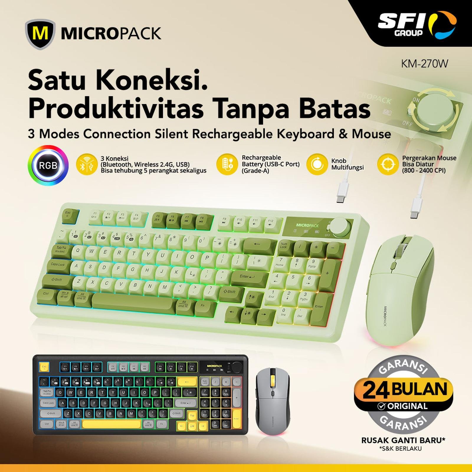 Micropack Keyboard Mouse Combo Wireless - Lifestyle - USB-A Receiver Bluetooth Type-C Cable - Multifunction Knob - KM-270W