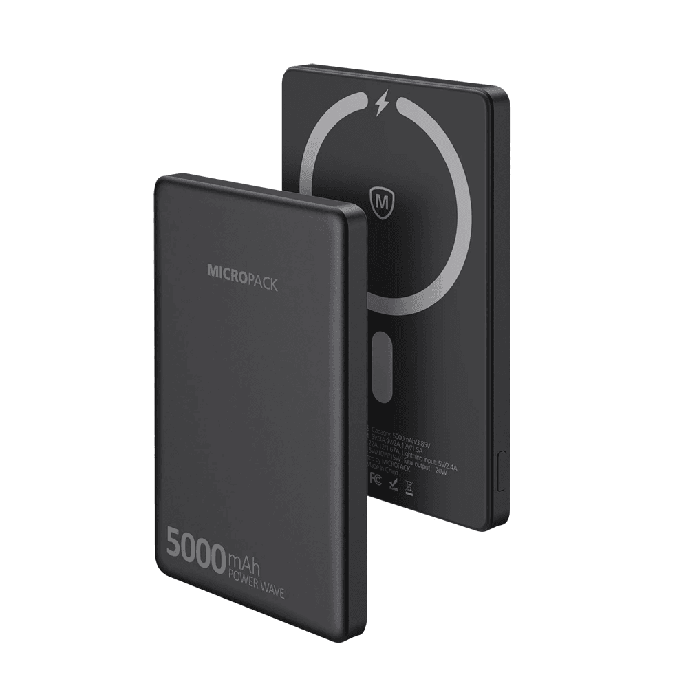 Micropack Wireless Powerbank 5000 mAh - Fast Charging 20 watt - CCC - Ultra Slim 8,8 mm - USB-C & Lightning - Power Bank - WPB-5S - SFI Group - Black