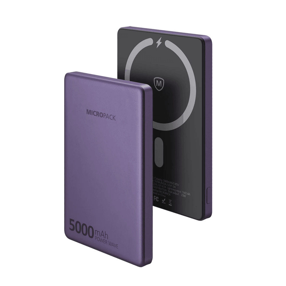 Micropack Wireless Powerbank 5000 mAh - Fast Charging 20 watt - CCC - Ultra Slim 8,8 mm - USB-C & Lightning - Power Bank - WPB-5S - SFI Group - Purple