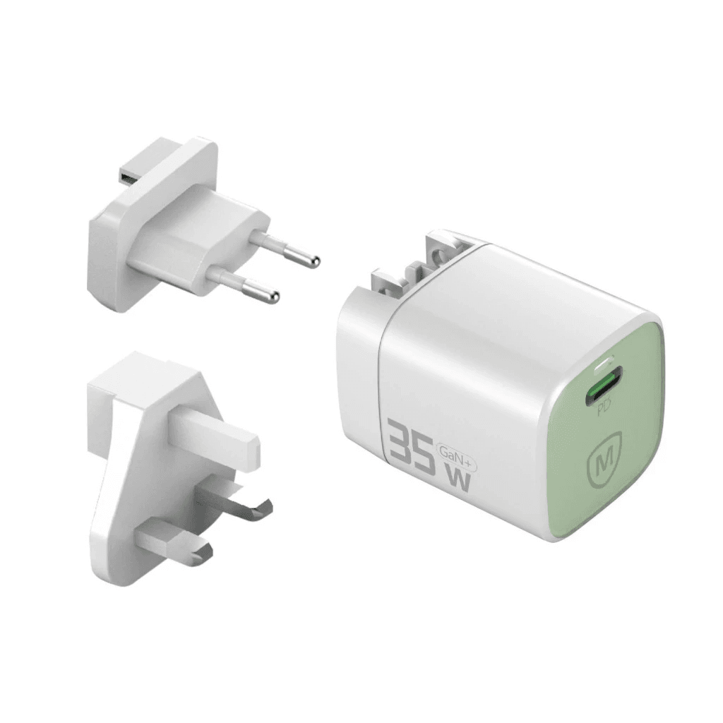 Micropack Mini Wall Charger with Travel Adapter - USB-C Fast Charging - 35watt - GaN - Overcharge Protection - MWC-135 - SFI Group - Green