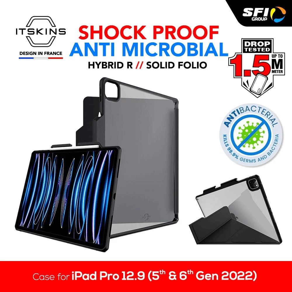 ITSKINS Case iPad Pro 12.9" (3rd, 4th, 5th, 6th Gen) - Hybrid Solid Folio - Casing Hardcase Black - SFI Group - 3rd & 4th Gen 2021